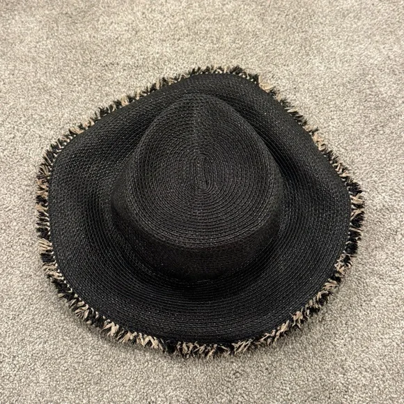 Eric Javits Mykonos Contrast Fringe Fedora Hat Black Woven EUC display picture 2